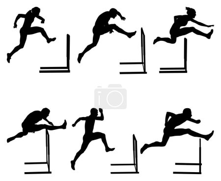Illustration for Set male and female athlete running hurdles in athletics race, black silhouette on white background, summer olympic sports - Royalty Free Image