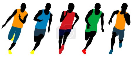 Téléchargez les illustrations : Set athlétisme coureurs sprinters courir silhouettes colorées - en licence libre de droit