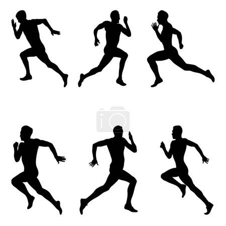 Illustration for Set black silhouette male athlete running sprint in athletics on white background, summer olympic sports, vector illustration - Royalty Free Image