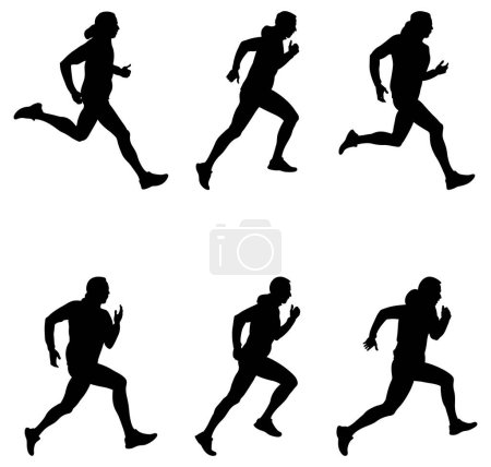 Téléchargez les illustrations : Set coureur masculin en coupe-vent, vue latérale, silhouette noire sur fond blanc, illustration vectorielle sport - en licence libre de droit