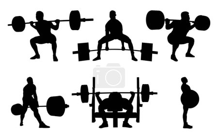 Illustration for Set male powerlifters athletes powerlifting black silhouette, exercise: deadlift, bench press, squat - Royalty Free Image