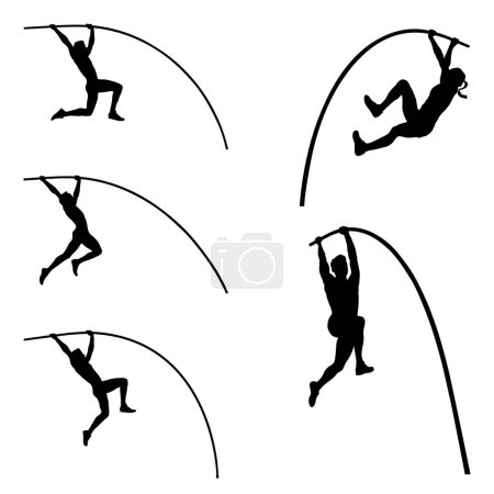 Ilustración de Conjunto negro silueta hombre y mujer atleta pole bóveda sobre fondo blanco, deportes olímpicos de verano, vector de ilustración - Imagen libre de derechos