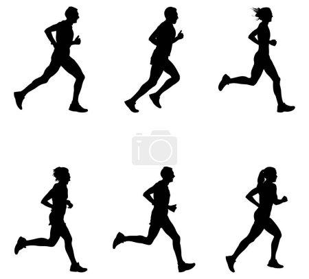 Téléchargez les illustrations : Set people homme et femme course marathon noir silhouette, vecteur sportif - en licence libre de droit