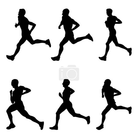 Téléchargez les illustrations : Ensemble silhouette noire athlète homme coureur course marathon, vecteur de sport - en licence libre de droit