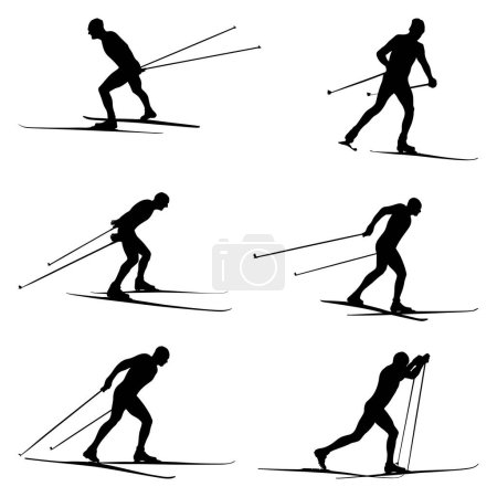 Téléchargez les illustrations : Set silhouette noire athlète skieur vecteur - en licence libre de droit