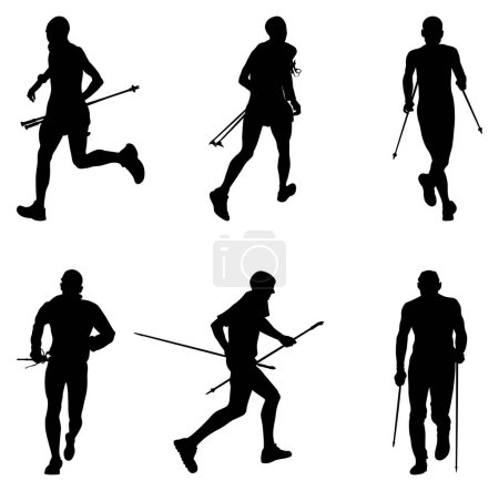 Téléchargez les illustrations : Définir athlètes coureur course skyrunning avec bâtons de trekking silhouette noire - en licence libre de droit