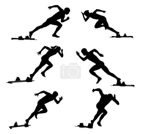 Ilustración de Set atletismo corredores velocistas macho y hembra inicio en bloques de partida corriendo silueta negra sobre fondo blanco - Imagen libre de derechos
