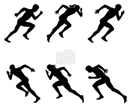 Ilustración de Set atletismo velocistas corredores hombre y mujer comienzan a correr raza silueta negra sobre fondo blanco - Imagen libre de derechos