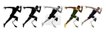 Ilustración de Set atleta paralímpico amputado deshabilitado en carrera de atletismo de prótesis - Imagen libre de derechos
