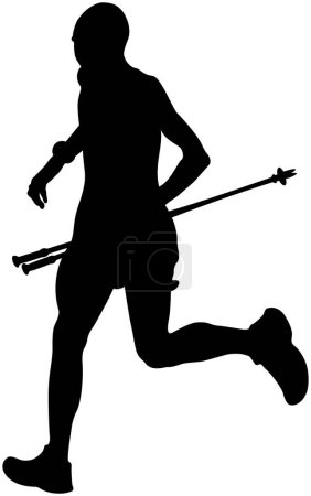 Téléchargez les illustrations : Homme course marathon de montagne en main bâton de trekking silhouette noire - en licence libre de droit
