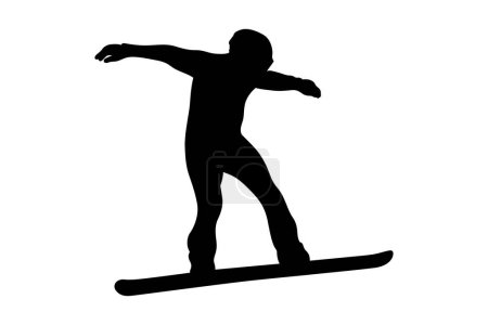 Téléchargez les illustrations : Noir silhouette snowboarder saut et vol compétition de snowboard, vue latérale pleine hauteur, illustration vectorielle de sport sur fond blanc - en licence libre de droit