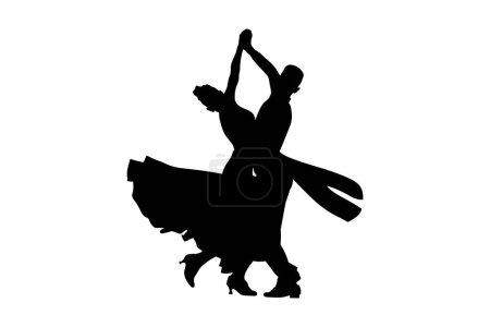 Ilustración de Bailarina femenina y masculina bailando, falda de vestido de bola y cola de abrigo girando, silueta negra sobre fondo blanco, ilustración vectorial - Imagen libre de derechos