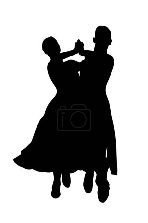Téléchargez les illustrations : Couple danseur danse valse viennoise, vue de face silhouette noire sur fond blanc, illustration vectorielle - en licence libre de droit