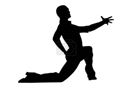 Téléchargez les illustrations : Danseur masculin passionné est sur un genou, silhouette noire sur fond blanc, illustration vectorielle - en licence libre de droit