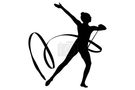 Téléchargez les illustrations : Fille gymnaste ruban exercice en gymnastique rythmique, silhouette noire sur fond blanc, illustration vectorielle - en licence libre de droit