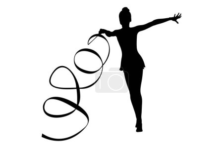 Illustration for Girl exercise with ribbon rhythmic gymnastics, black silhouette on white background, vector illustration - Royalty Free Image