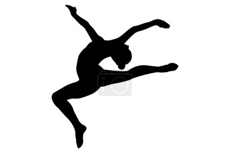 Illustration for Stag split leap girl gymnast in rhythmic gymnastics side view, black silhouette on white background, vector illustration - Royalty Free Image