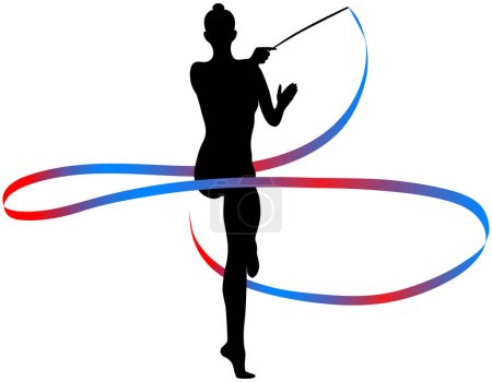 Illustration for Girl gymnast with colored ribbon for rhythmic gymnastics, black silhouette on white background, vector illustration - Royalty Free Image