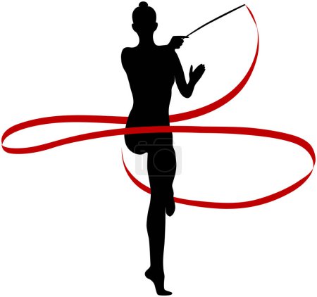 Téléchargez les illustrations : Gymnaste fille exercice avec ruban rouge pour la gymnastique rythmique, silhouette noire sur fond blanc, illustration vectorielle - en licence libre de droit