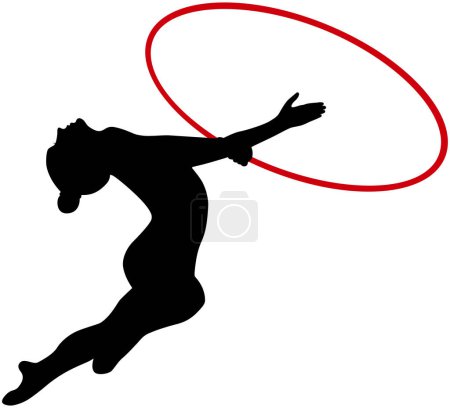 Téléchargez les illustrations : Fille athlète gymnaste avec cerceau rouge gymnastique rythmique, silhouette noire sur fond blanc, illustration vectorielle - en licence libre de droit
