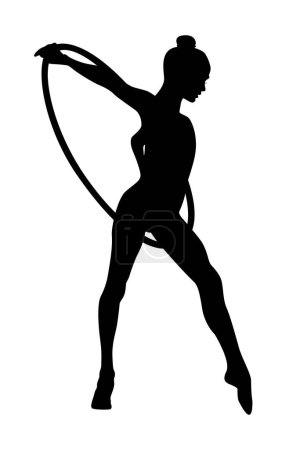 Téléchargez les illustrations : Jeune fille gymnaste gracieuse avec cerceau en gymnastique rythmique, silhouette noire sur fond blanc, illustration vectorielle - en licence libre de droit