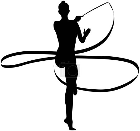 Téléchargez les illustrations : Gymnaste fille silhouette noire avec ruban gymnastique rythmique, contour sur fond blanc, illustration vectorielle - en licence libre de droit