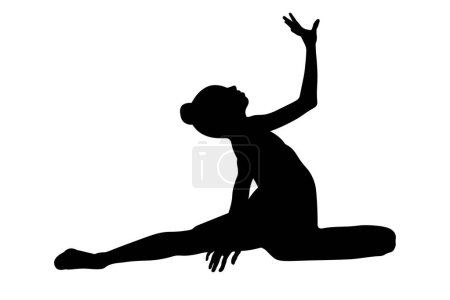Illustration for Female gymnast sitting on floor one hand raised up, black silhouette on white background, vector illustration, summer olympic games - Royalty Free Image