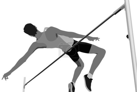 Téléchargez les illustrations : Homme saut en hauteur athlète saut silhouette noir-blanc sur fond blanc, illustration vectorielle, jeux olympiques d'été - en licence libre de droit