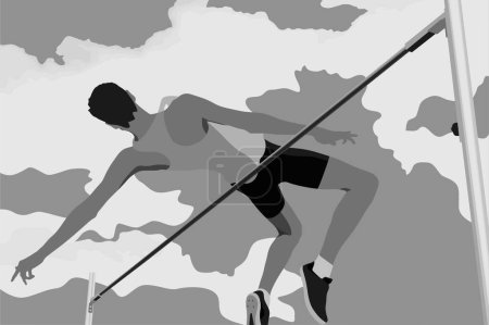 Illustration for High jump athlete jumping on background of clouds black-white silhouette on white background, vector illustration, summer olympic games - Royalty Free Image