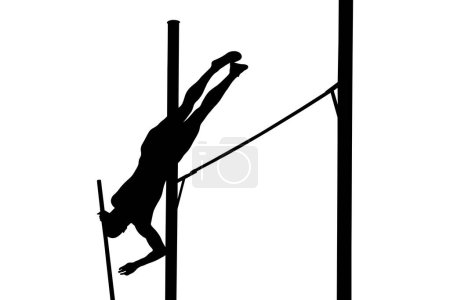 Illustration for Male athlete mid-air in pole vaulting event, showcasing strength and agility, black silhouette on white background - Royalty Free Image