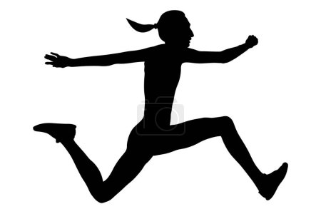 Illustration for Triple jump executing female athlete soars through air, black silhouette on white background - Royalty Free Image