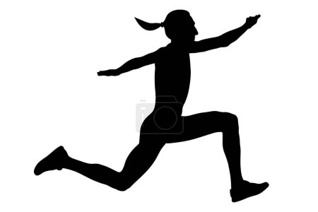 Illustration for Triple jump on track female athlete soars through air, black silhouette on white background - Royalty Free Image