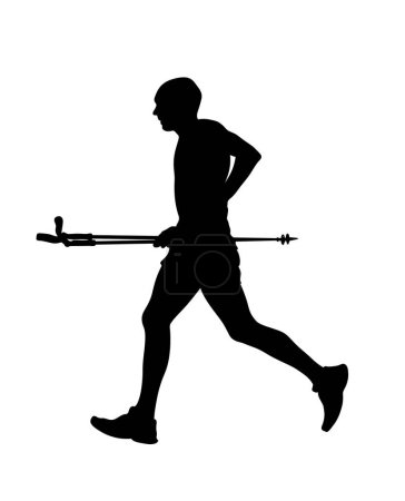 Téléchargez les illustrations : Silhouette noire homme athlète avec bâtons de trekking - en licence libre de droit