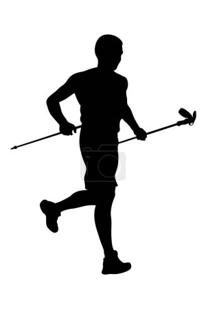 athlete skyrunner with trekking sticks running
