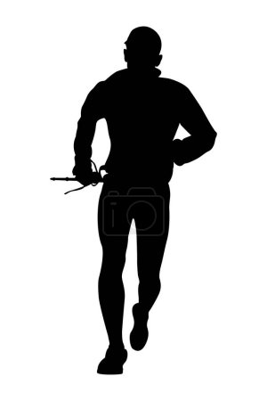 Mann Skyrunner mit Trekking-Stablauf Rennen schwarze Silhouette