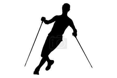 Illustration for Athlete skyrunner with trekking sticks running trail - Royalty Free Image