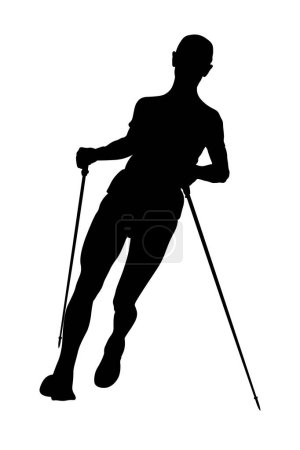 Téléchargez les illustrations : Homme athlète skyrunner avec bâtons de trekking courir - en licence libre de droit