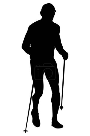 black silhouette male runner with trekking poles running
