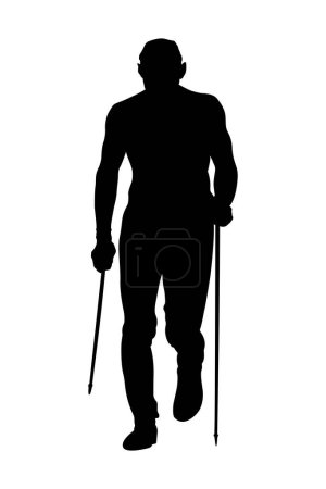 figure male athlete with trekking poles in his hands, full height, front view, running uphill, black silhouette vector illustration