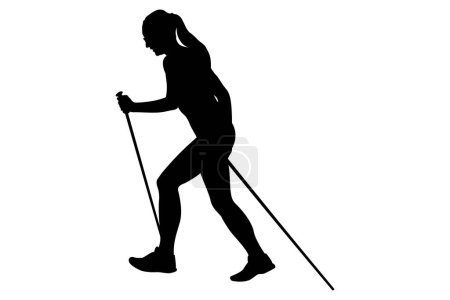 Ilustración de Figura atleta femenina con bastones de trekking en sus manos, ascenso cuesta arriba, vista lateral de longitud completa, silueta negra vector ilustración sobre fondo blanco - Imagen libre de derechos