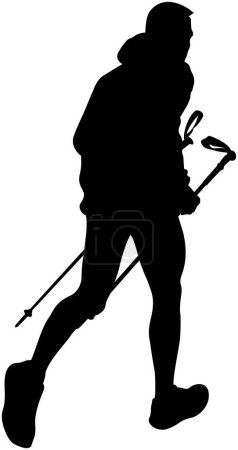 Illustration for Silhouette male athlete with trekking poles in his hands, uphill climb, black windbreaker, full length side view, vector illustration on white background - Royalty Free Image