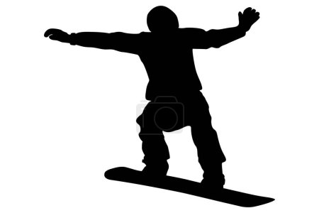 Illustration for Snowboarder jump and flight snowboarding competition, side view, balancing with his hands, black silhouette sports vector illustration on white background - Royalty Free Image