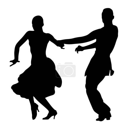Ilustración de Pareja de baile hombre y mujer cogidos de la mano, foxtrot baile, silueta negra sobre fondo blanco, ilustración vectorial - Imagen libre de derechos