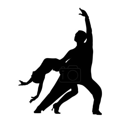 dancing couple black silhouette, man holding woman hand behind her back on white background, vector illustration