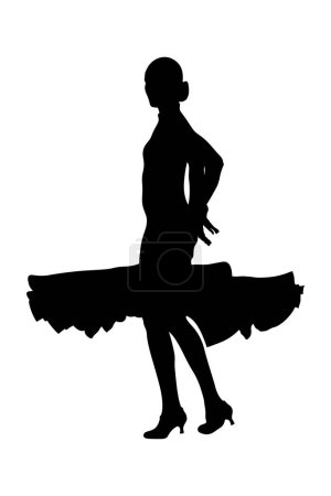 female dancer in ball gown skirt whirling black silhouette on white background, vector illustration