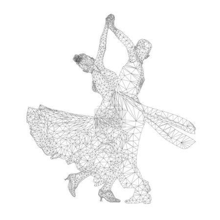 couple dancer dancing, ball gown skirt and coat tails whirling, a grid of triangles on white background, vector illustration