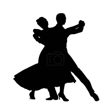 sports couple dancer dancing waltz, black silhouette on white background, vector illustration