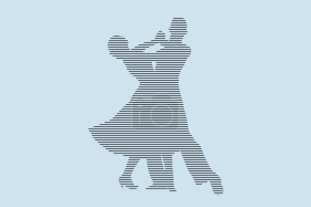 couple dancer dancing viennese waltz, silhouette in black lines on blue background, vector illustration