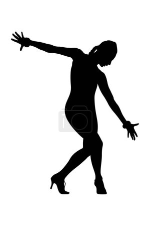 mujer en pose de baile con pulseras en las muñecas, silueta negra sobre fondo blanco, ilustración vectorial