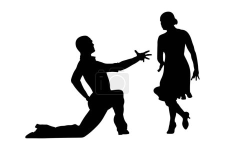 männlicher Tänzer auf einem Knie vor seiner Partnerin, schwarze Silhouette auf weißem Hintergrund, Vektor-Illustration